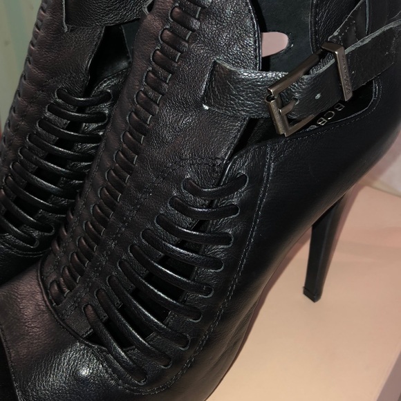 Black Leather High Heeled Sandals